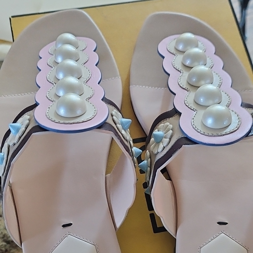Fendi Women's Pink and Cream Sandals with Pearl Details - Picture 4 of 9